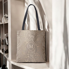 Stijlvolle Neutral Taupe Bloempatroon met Monogram Tote Bag