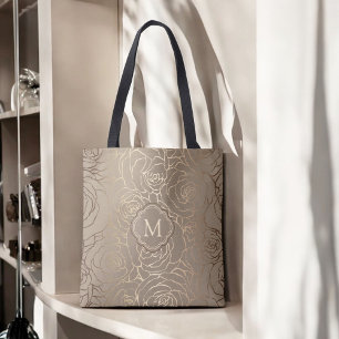 Stijlvolle Neutral Taupe Bloempatroon met Monogram Tote Bag