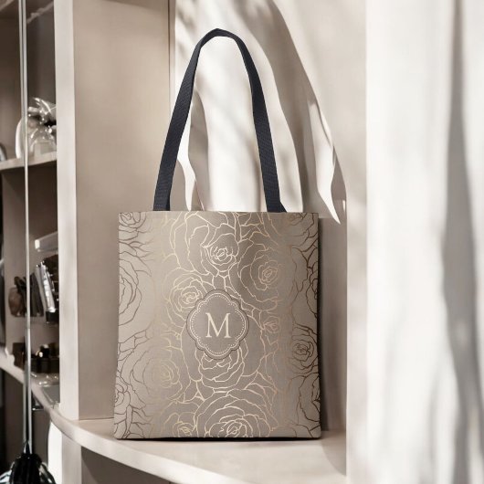 Stijlvolle Neutral Taupe Bloempatroon met Monogram Tote Bag