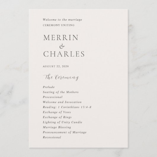 Stijlvolle neutrale moderne bruiloft programmakaart (Voorkant)