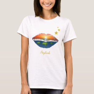 Stijlvolle oceaan zonsopgang lippen, sterren & kal t-shirt