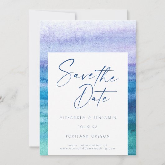 Stijlvolle Ocean Blue en Paarse Waterverf Save The Date (Voorkant)