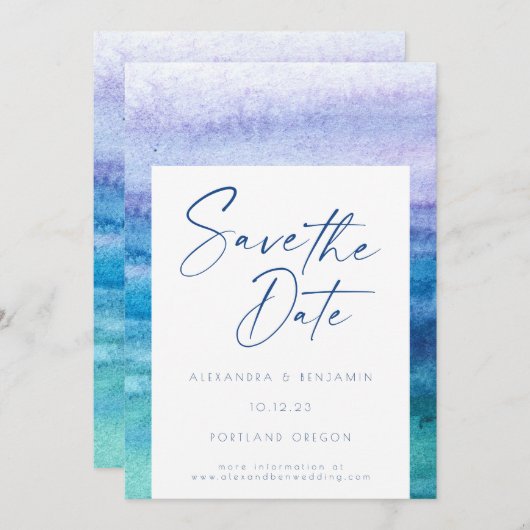 Stijlvolle Ocean Blue en Paarse Waterverf Save The Date (Voorkant / Achterkant)