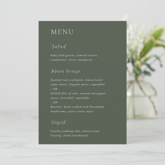 Stijlvolle Olijfgroene Moderne Trouwdag Menu (Staand voorkant)