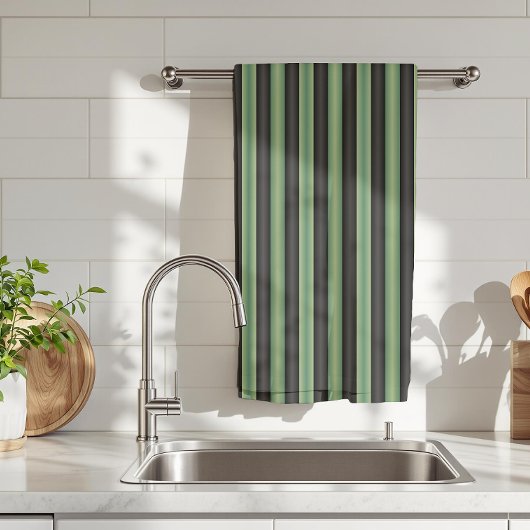 Stijlvolle Olive Sage Groen Zwart 3D Gestreept Theedoek