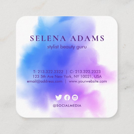 Stijlvolle Ombre Blue Roze Waterverf Foto Abstract Vierkante Visitekaartje (Achterkant)