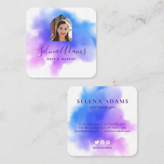 Stijlvolle Ombre Blue Roze Waterverf Foto Abstract Vierkante Visitekaartje (Voorkant / Achterkant)