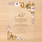 Stijlvolle Oranje Bloemen Verrassing 65e Verjaarda Acryl Uitnodigingen (Voorkant)