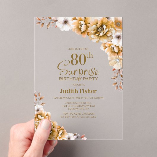 Stijlvolle Oranje Bloemen Verrassing 80ste Verjaar Acryl Uitnodigingen (Insitu (Draagbaar))
