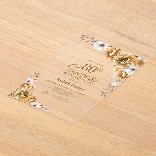 Stijlvolle Oranje Bloemen Verrassing 80ste Verjaar Acryl Uitnodigingen (Laagn)