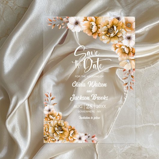Stijlvolle Oranje Floral Wedding Save the Date Acryl Uitnodigingen