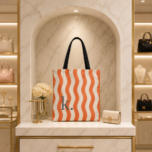 Stijlvolle oranje golvende strepen met uw monogram tote bag