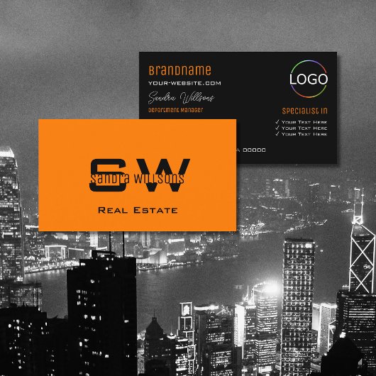 Stijlvolle Oranje zwarte moderne met monogram en L Visitekaartje