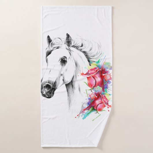 Stijlvolle paardenhanddoek met waterkleurbloemen bad handdoek (Badhanddoek)