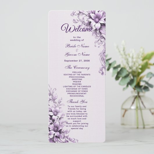 Stijlvolle paarse bloemen bruiloft programma programmakaart (Staand voorkant)