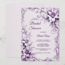 Stijlvolle paarse bloemen bruiloftsshower uitnodig