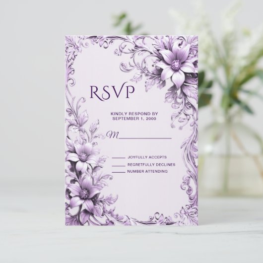 Stijlvolle paarse bloemen RSVP-kaart RSVP Kaartje (Staand voorkant)