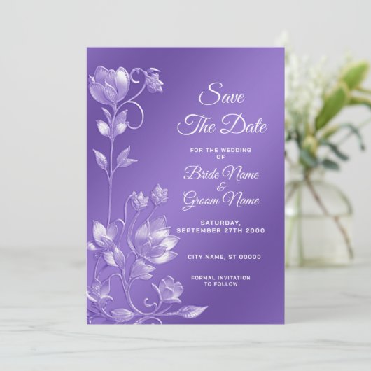 Stijlvolle Paarse bloemen Save the date (Staand voorkant)