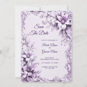 Stijlvolle paarse bloemen Save The Date (Voorkant)
