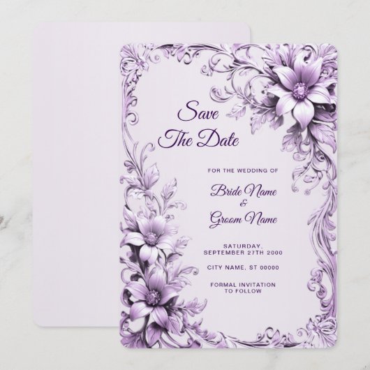 Stijlvolle paarse bloemen Save The Date (Voorkant / Achterkant)