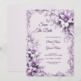 Stijlvolle paarse bloemen Save The Date