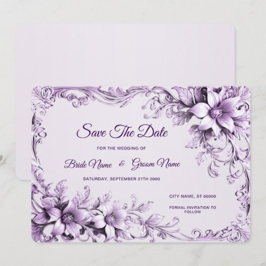 Stijlvolle paarse bloemen Save The Date (Voorkant / Achterkant)