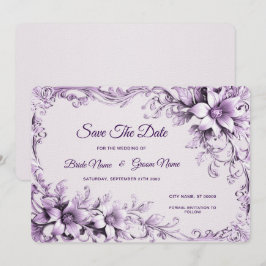 Stijlvolle paarse bloemen Save The Date