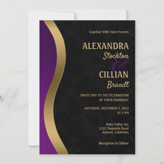 Stijlvolle Paarse en gouden bruiloft uitnodiging (Voorkant)