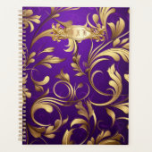 Stijlvolle Paarse en gouden Damask Monogrammed Planner (Voorkant)