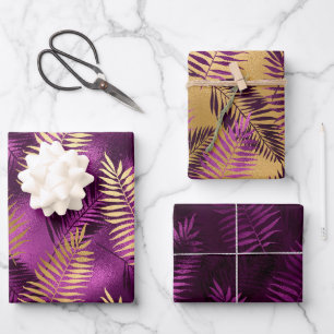 Stijlvolle paarse en gouden tropische jungleblader inpakpapier vel