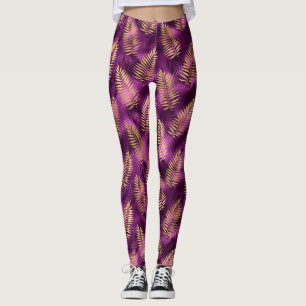 Stijlvolle paarse en gouden tropische jungleblader leggings