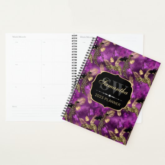 Stijlvolle Paarse en goudluipaard en damesmonogram Planner (Display)