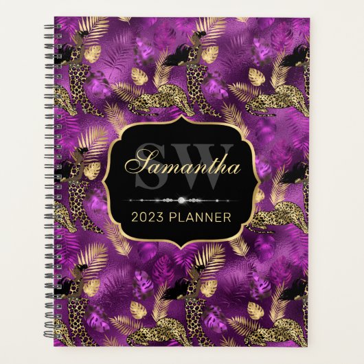 Stijlvolle Paarse en goudluipaard en damesmonogram Planner (Voorkant)