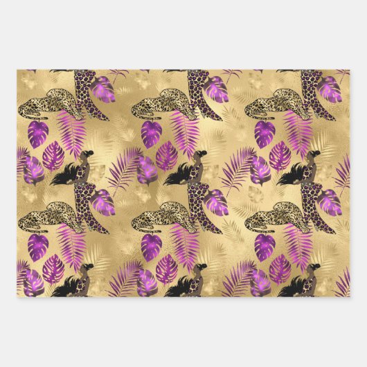 Stijlvolle Paarse en goudluipaard en vrouwelijke s Inpakpapier Vel (Voorkant 3)