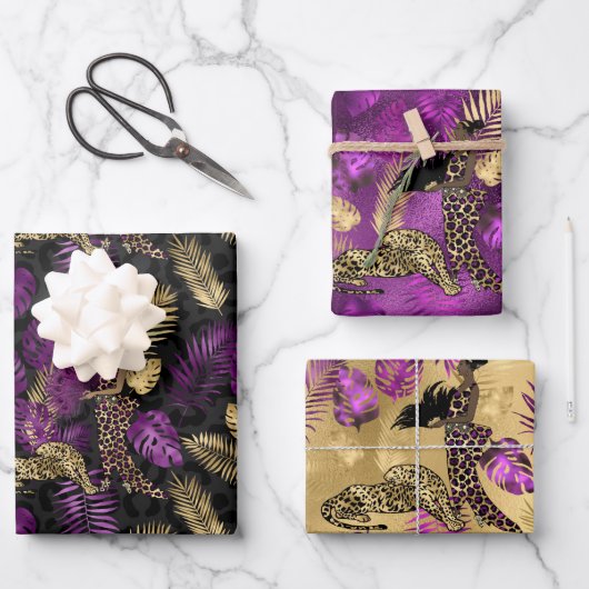 Stijlvolle Paarse en goudluipaard en vrouwelijke s Inpakpapier Vel (Voorkant)