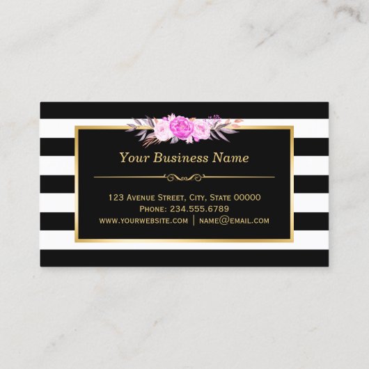 Stijlvolle Paarse Floral Gold Black White Stripes Visitekaartje (Achterkant)