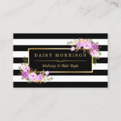 Stijlvolle Paarse Floral Gold Black White Stripes Visitekaartje (Voorkant)