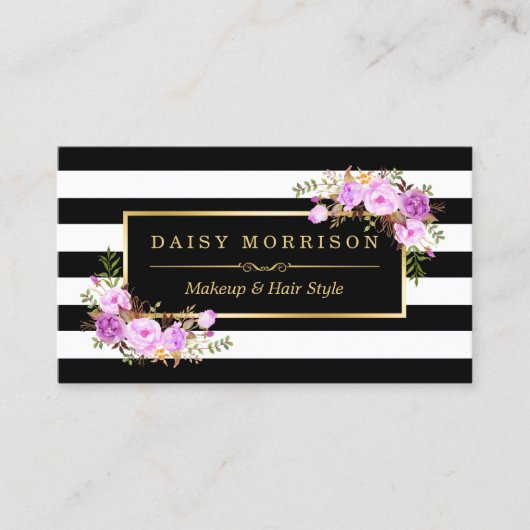 Stijlvolle Paarse Floral Gold Black White Stripes Visitekaartje (Voorkant)