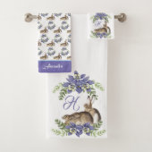 Stijlvolle Paarse Floral Rabbit Waterverf Cute Bun Bad Handdoek (Insitu)