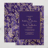 Stijlvolle Paarse gouden bladeren 16e verjaardag Kaart (Voorkant / Achterkant)