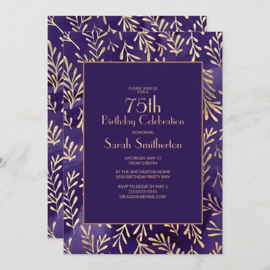 Stijlvolle Paarse gouden bladeren 75e verjaardag Kaart (Voorkant / Achterkant)