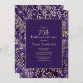 Stijlvolle paarse gouden bladeren 75ste verjaardag kaart (Voorkant / Achterkant)