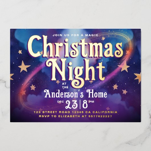 Stijlvolle Paarse kerstnachtsterren Folie Feestdagenkaart (Voorkant)
