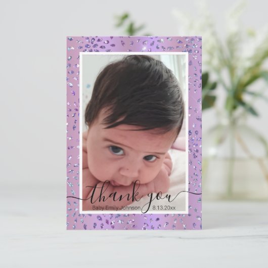 Stijlvolle paarse lijst pasgeboren baby meisje fot bedankkaart (Staand voorkant)