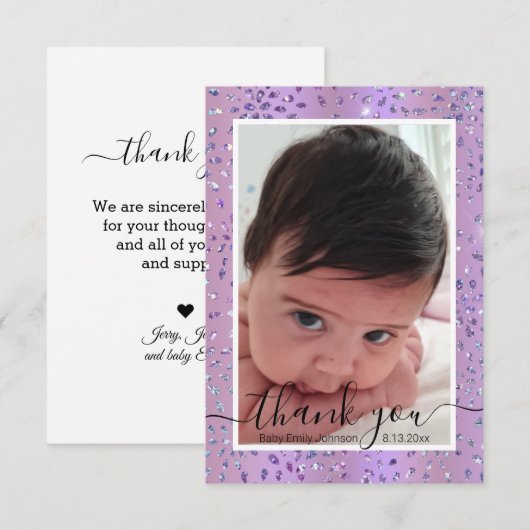 Stijlvolle paarse lijst pasgeboren baby meisje fot bedankkaart (Voorkant / Achterkant)