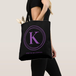 Stijlvolle paarse monogram naam zwart tote bag