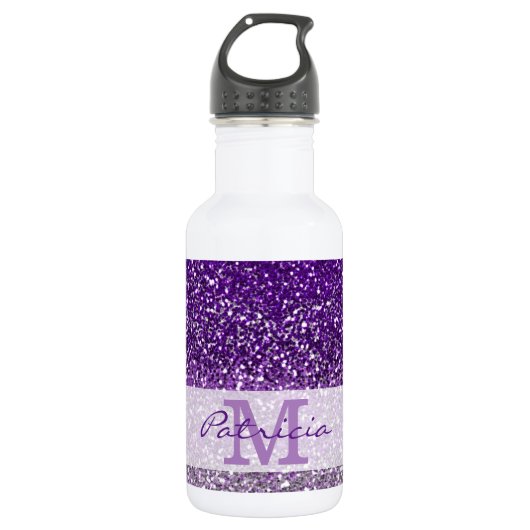 Stijlvolle Paarse Ombre Glitter Monogram Naam Waterfles (Voorkant)