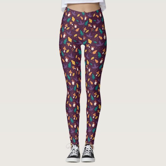 Stijlvolle Paarse paddestoel bladpatroon Leggings (Voorkant)