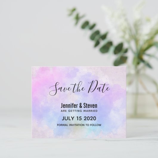 Stijlvolle Paarse Roze Blauwe Waterverf Sla de dat Uitnodiging Briefkaart (Staand voorkant)