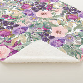 Stijlvolle paarse roze waterverf bloemrijke boho sherpa deken